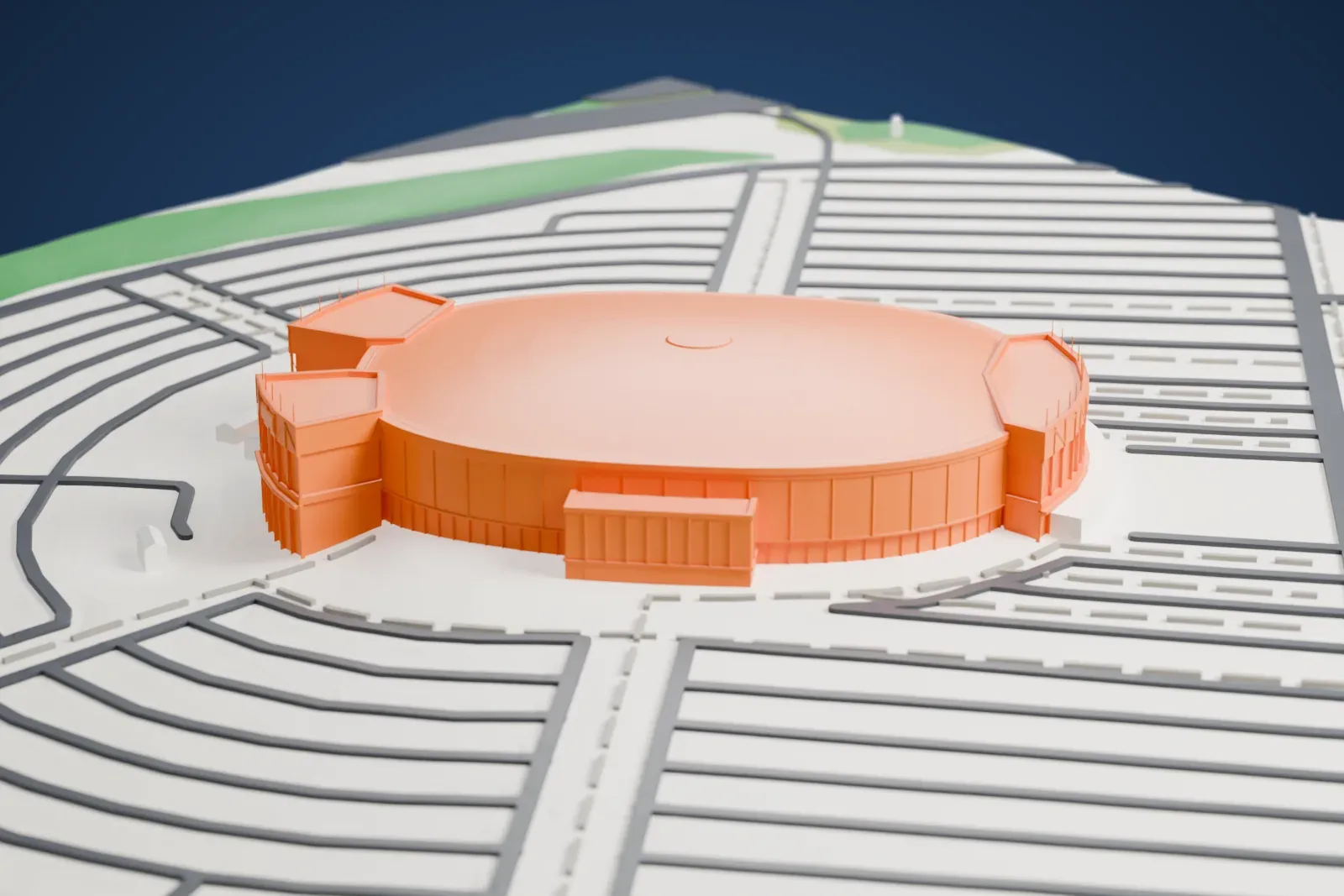 A white 3D print of Lenovo Center, a low oval arena drum with glass entrance pavilions and white flagged parapets at each end, set among surrounding streets and buildings.