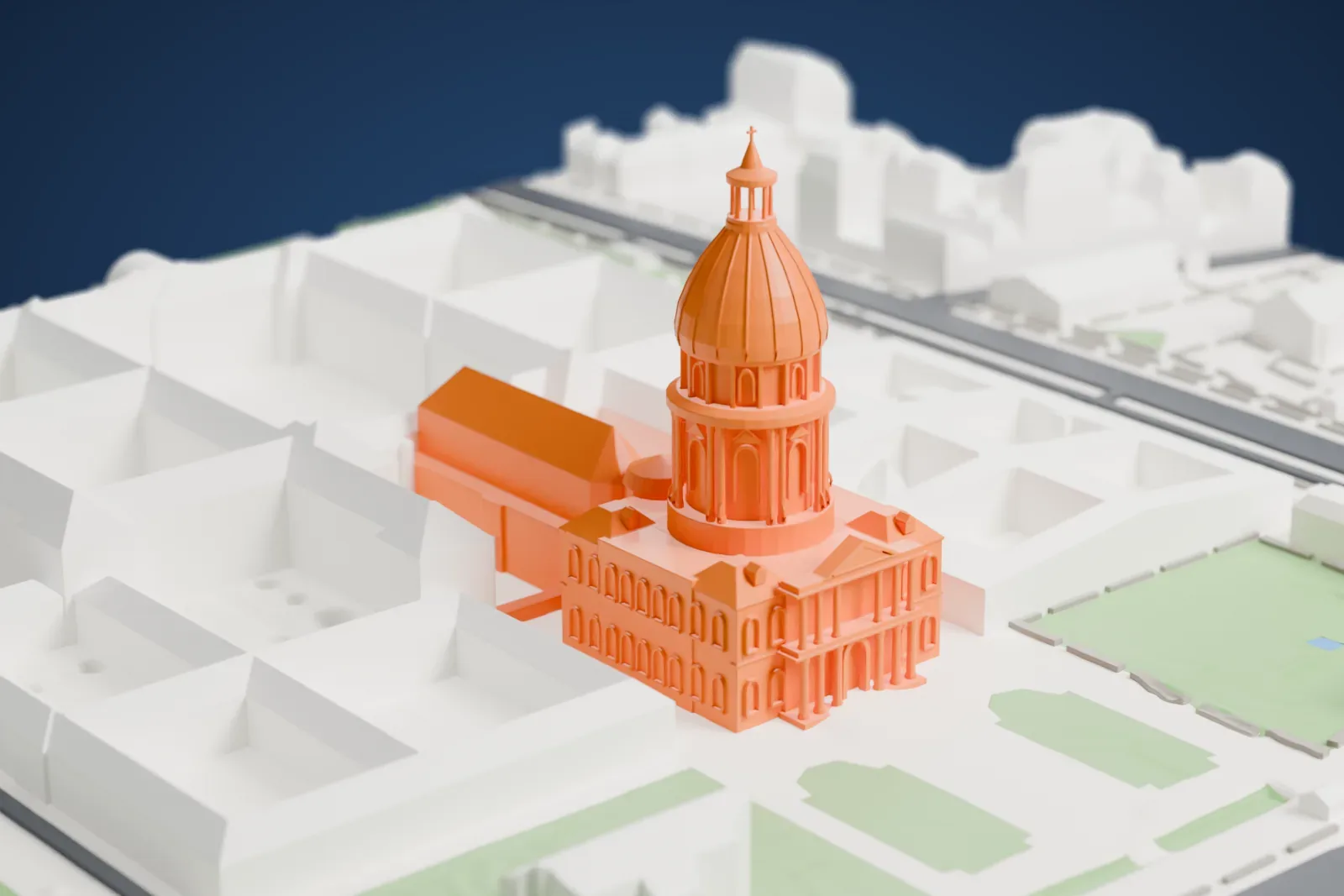 A white 3D print of the Dôme des Invalides, a domed church with a columned drum, lantern and cross, surrounded by long courtyard buildings, green lawns and Paris streets.