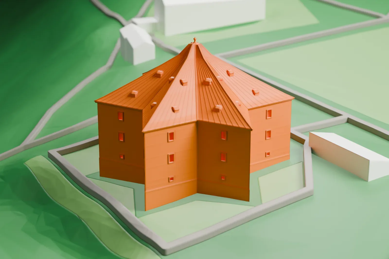 A white 3D print of Letohrádek Hvězda, with its game reserve and the surrounding city.