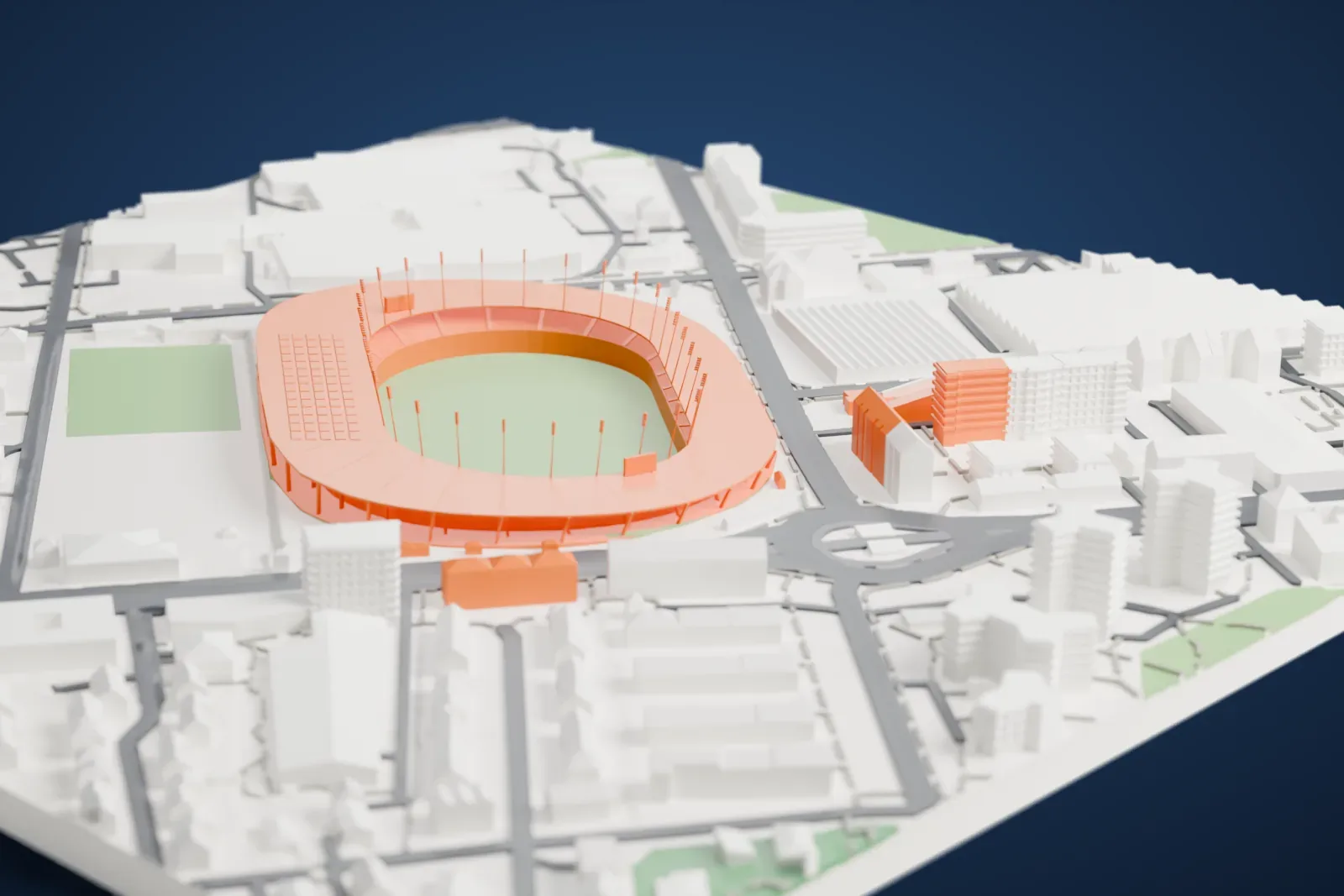 A white 3D print of Letzigrund, an oval stadium with slender masts rising around its pitch and an open grandstand frame on one side, surrounded by dense city blocks and large buildings.