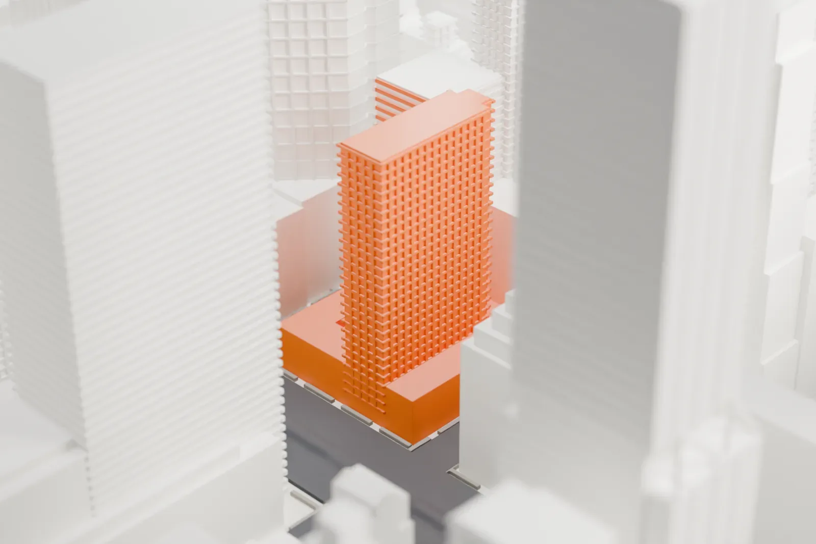 A white 3D print of Lever House, a slim slab tower above a low raised base, standing among taller Midtown towers.