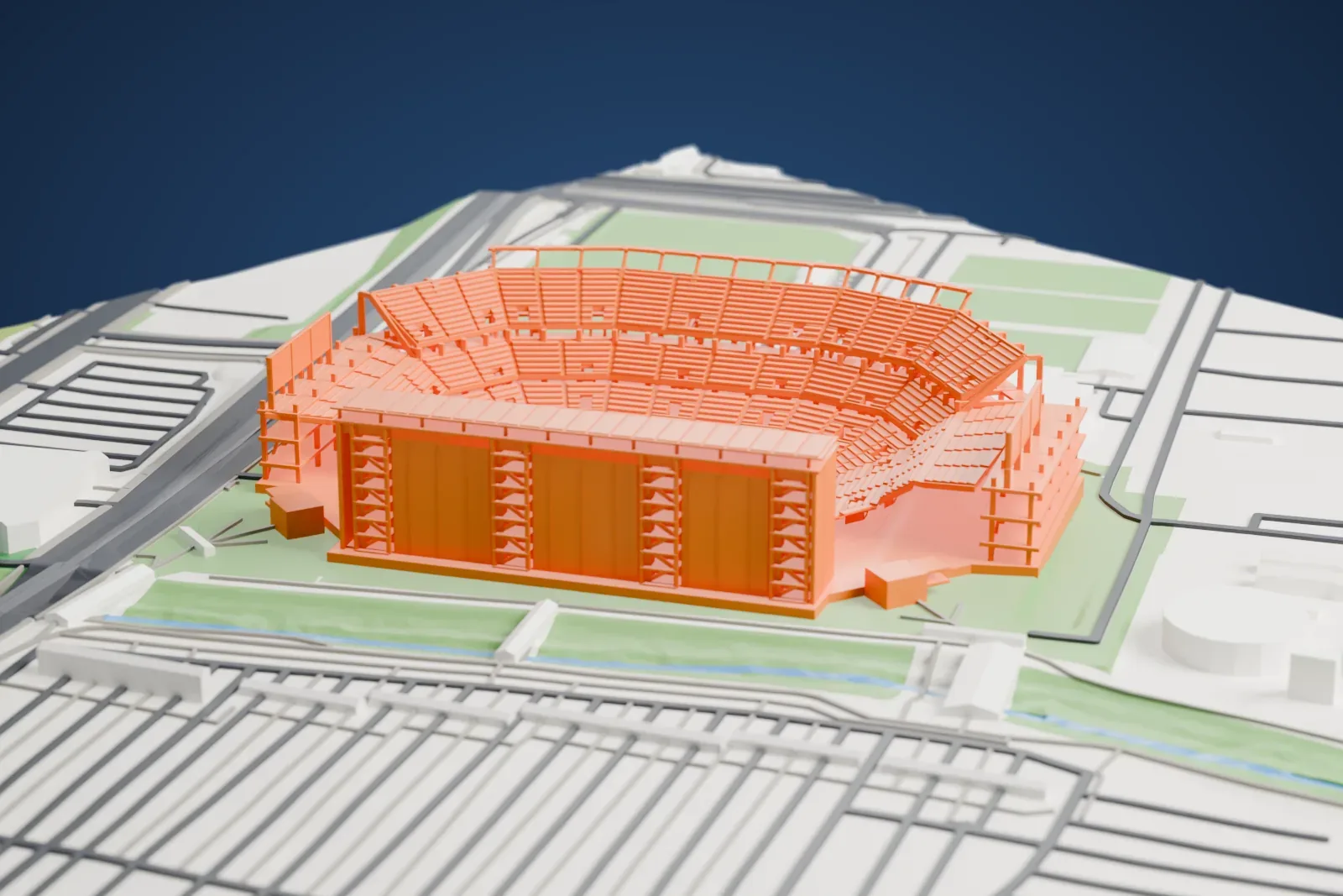 A white 3D print of Levi's Stadium, an open oval bowl of stands around a field, with parking lots and roads around it in Santa Clara.