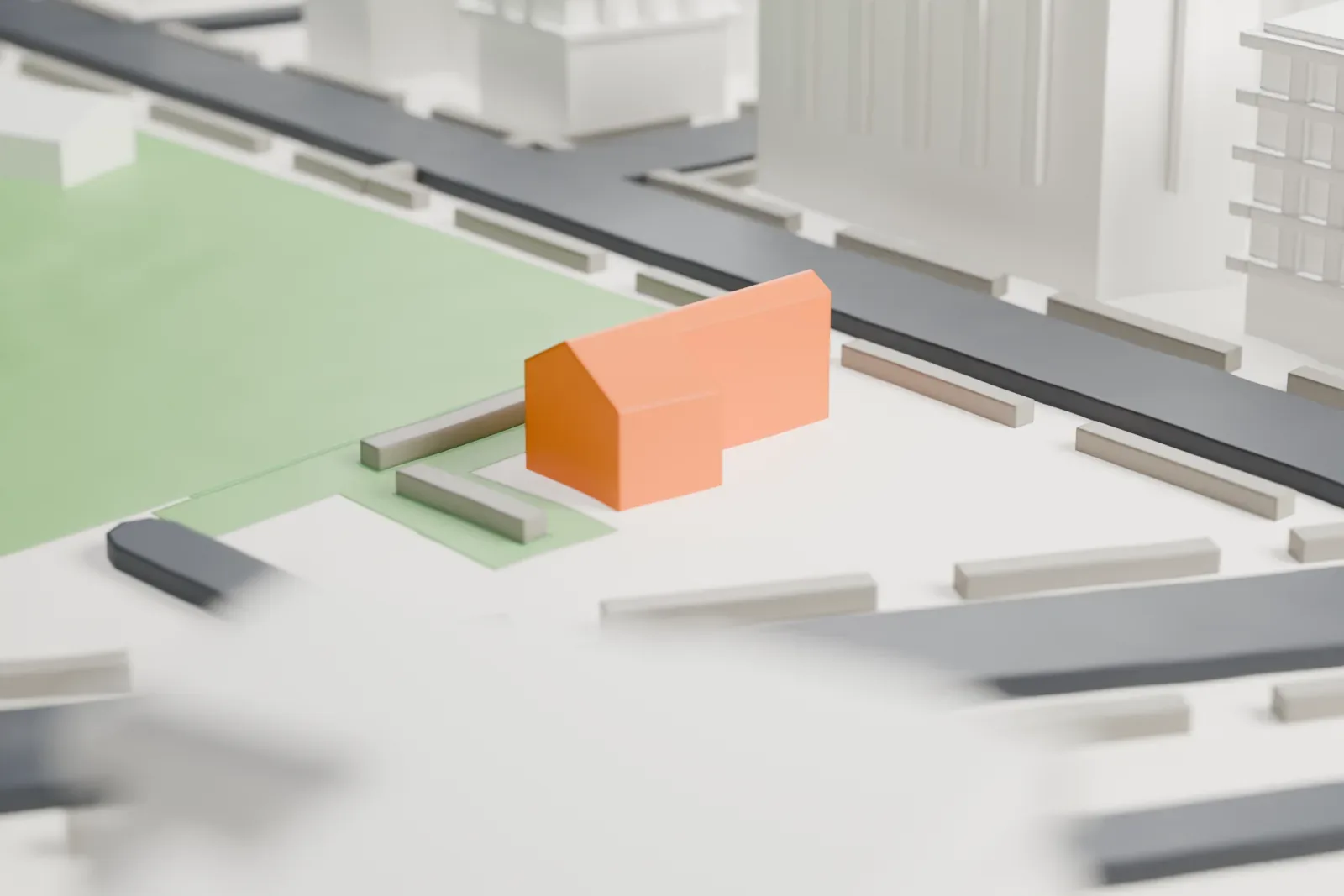 A white 3D print of the Lewis H. Latimer House, a gabled house with a front porch and a bay window, set in a small park lot beside a street.