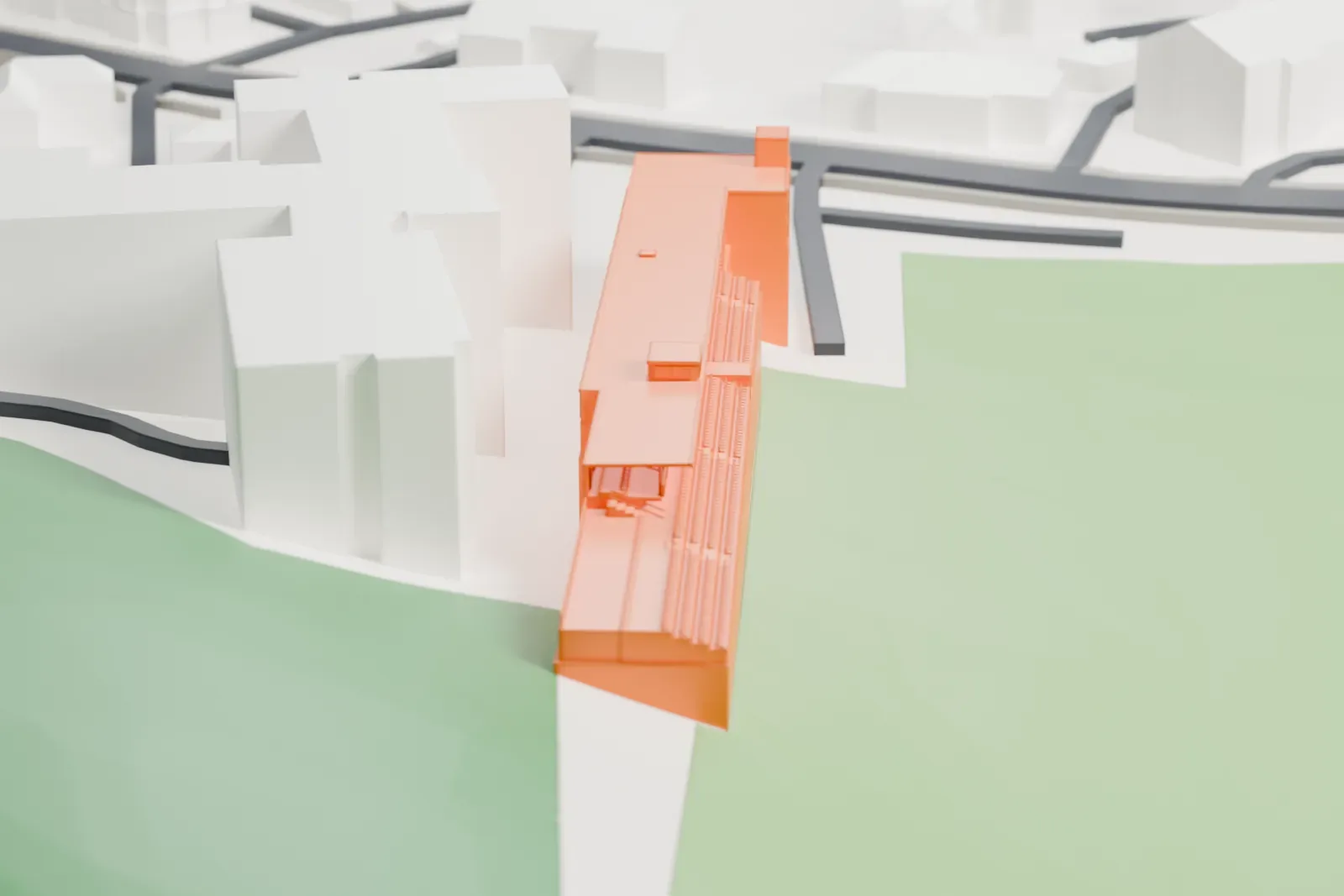 A white 3D print of LFF Stadium, a long single grandstand with a shallow canopy, open upper balcony and a flat-roofed office at one end, among the surrounding streets and buildings of Vilnius.