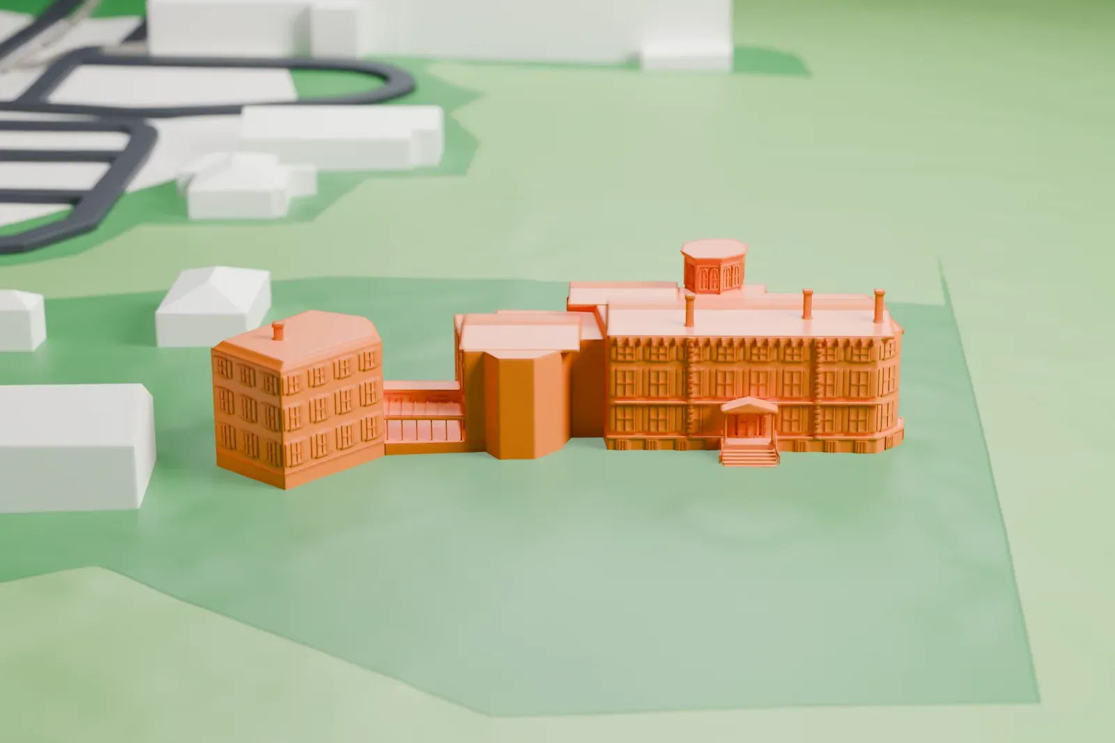 A white 3D print of Liberty Hall, a long three-story mansion with chimneys, an eight-sided tower, porches and front steps, standing alone on a wide lawn with a few small buildings nearby.