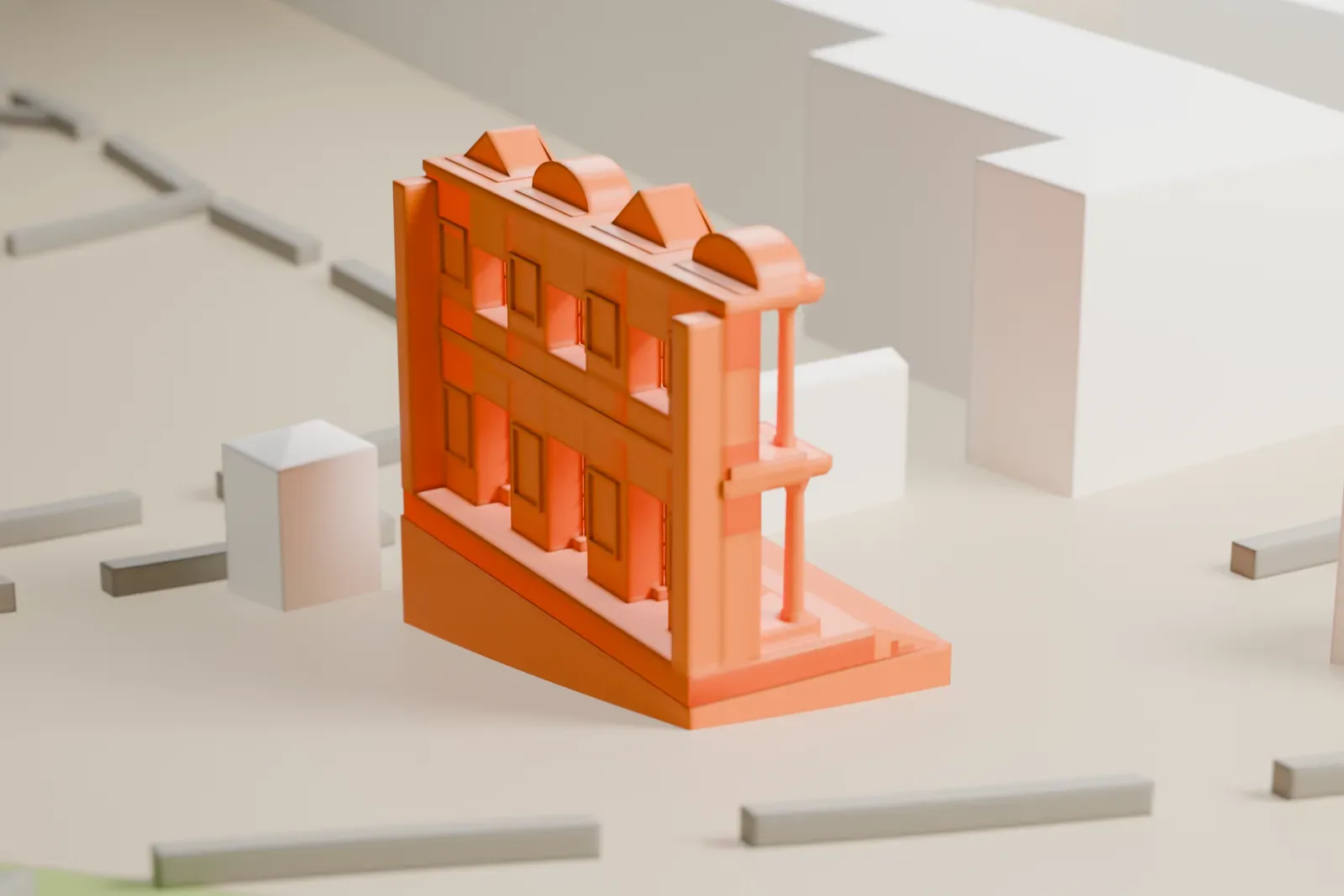 A white 3D print of the Library of Celsus, a two-level columned façade topped with pediments and approached by a broad flight of steps, standing on open ground.