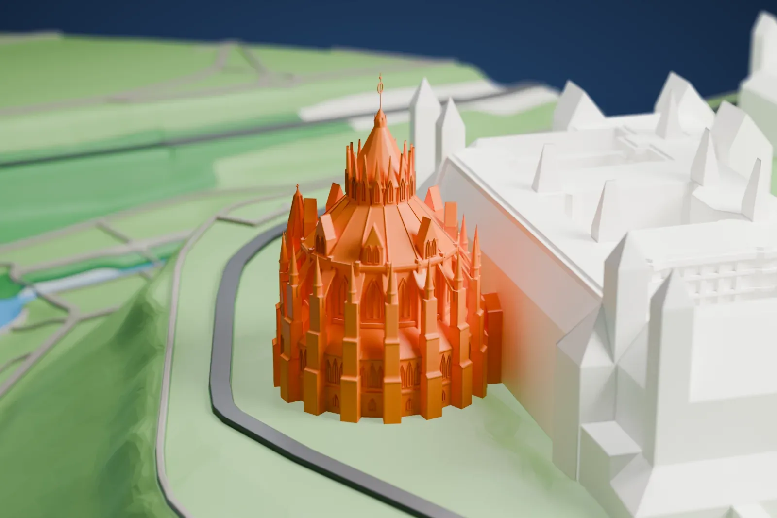 A white 3D print of the Library of Parliament with the surrounding streets and buildings.