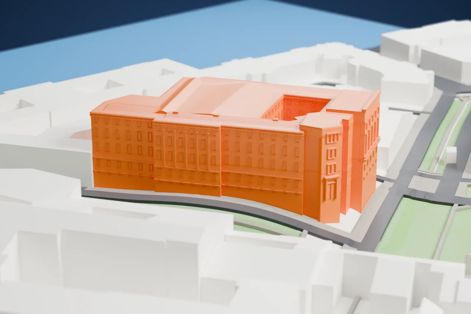 A white 3D print of the Russian Academy of Sciences Library among surrounding streets and buildings on Vasilievsky Island.