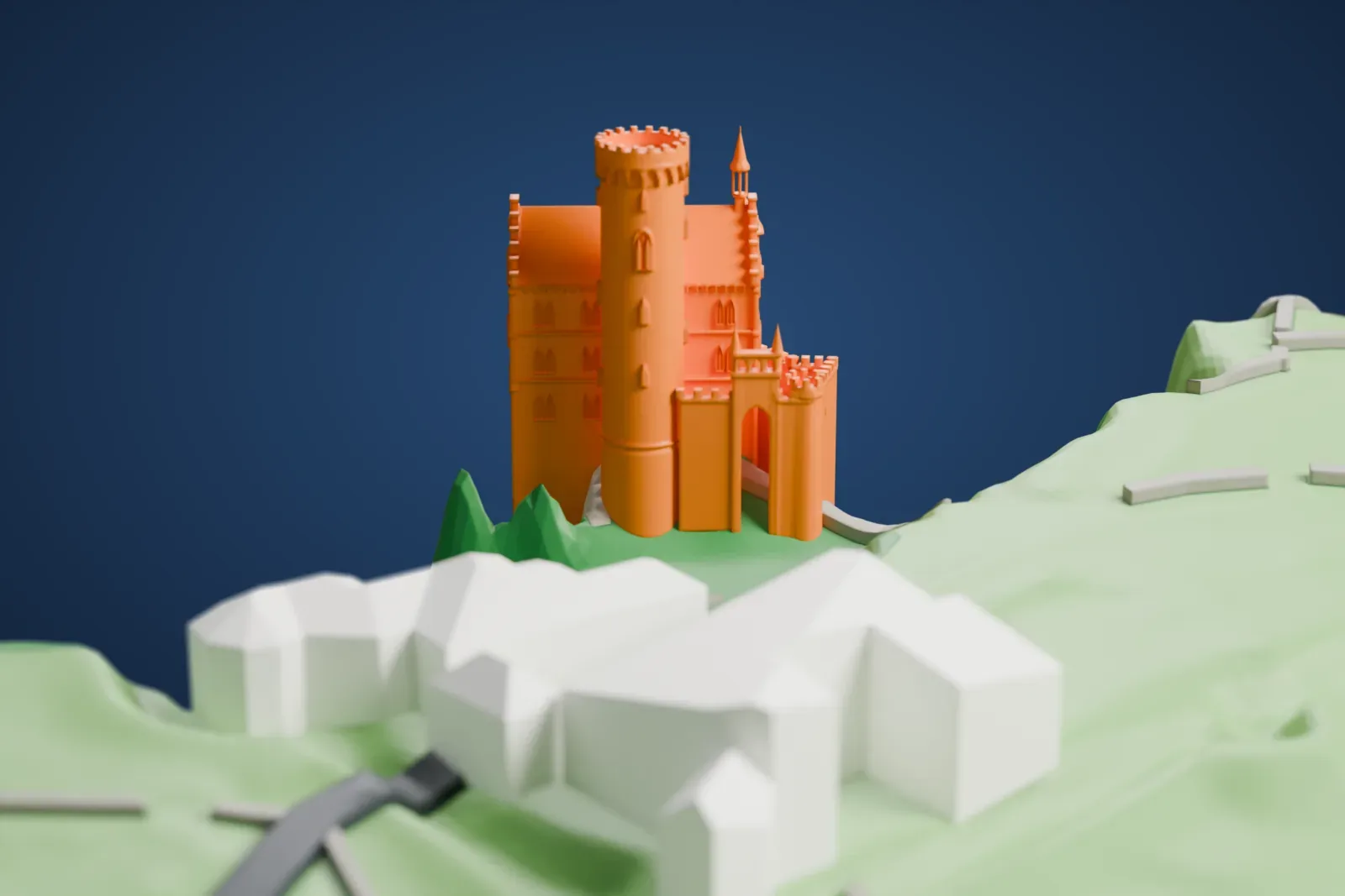 A white 3D print of Lichtenstein Castle, a tall, narrow castle with a round battlemented tower and small spires, standing on a steep green hillside with a few buildings nearby.