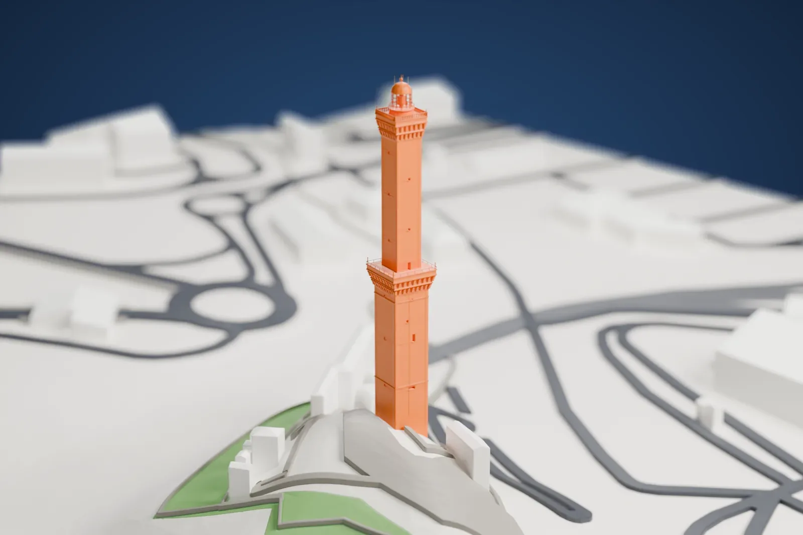 A white 3D print of the Lighthouse of Genoa, a tall masonry tower with two terraces and a lantern, among the surrounding city.