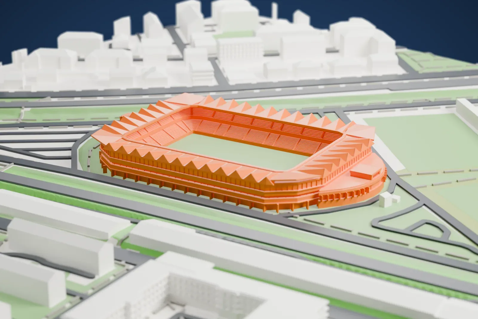 A white 3D print of Lilleküla Stadium, a closed two-tier bowl with a white roof of low tent peaks and pointed corners, set among surrounding streets and buildings.