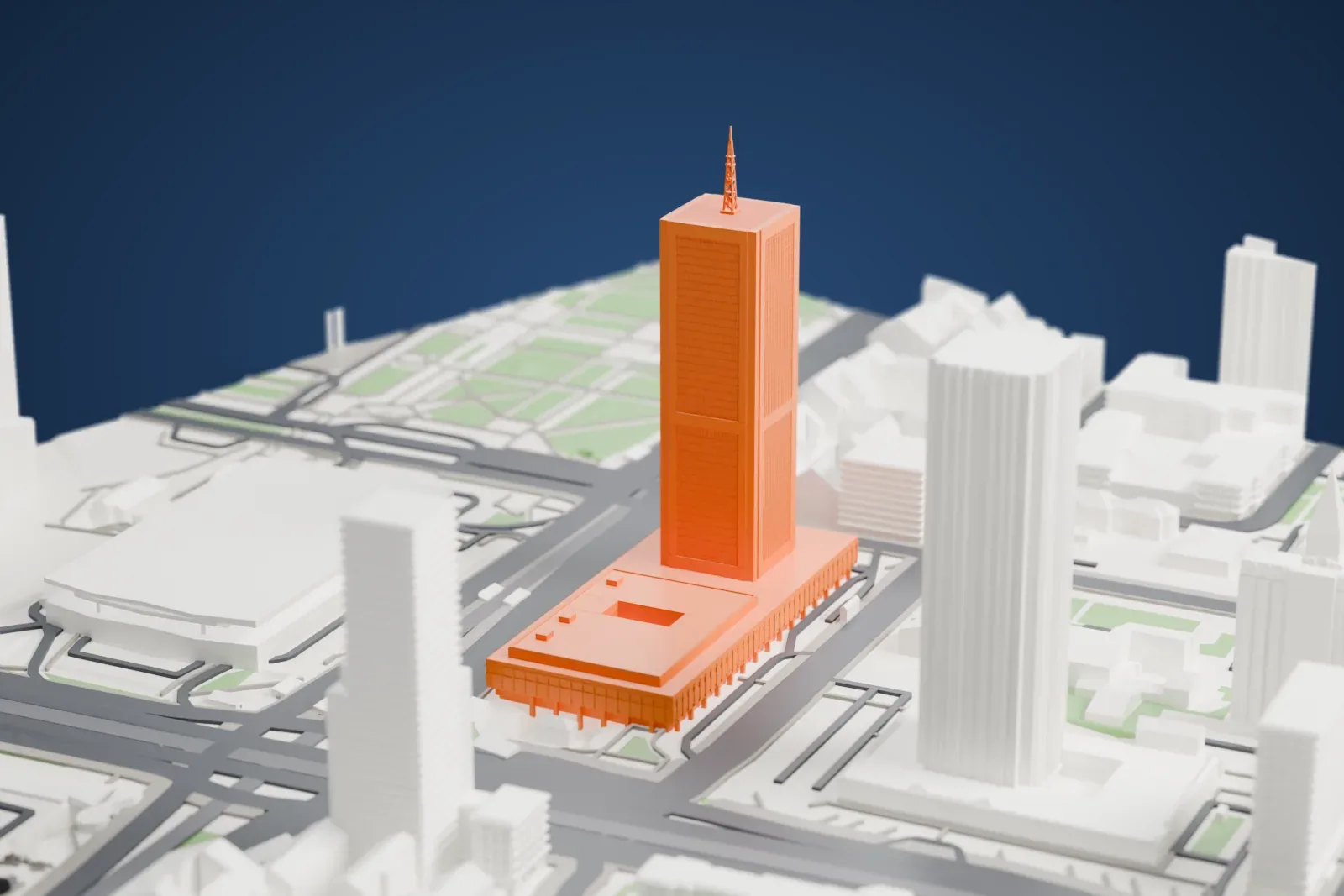 A white 3D print of the LIM Center with the surrounding streets and buildings.