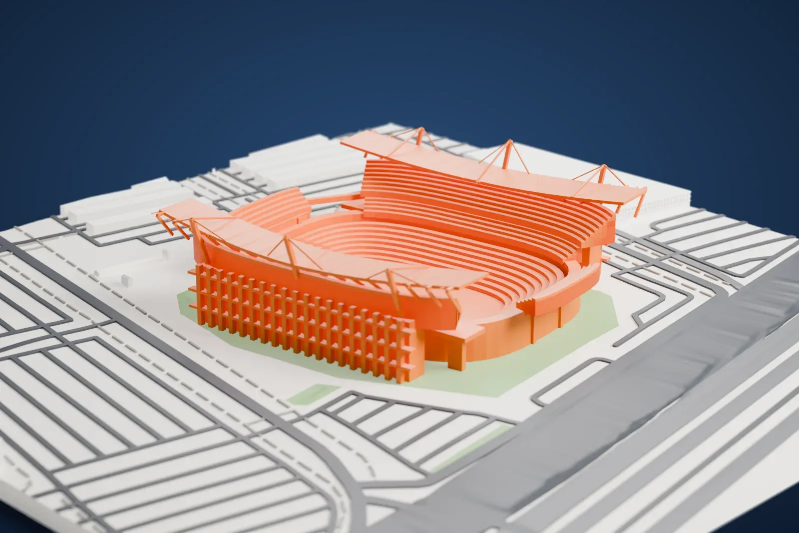A white 3D print of Lincoln Financial Field, an open tiered bowl with two sloping canopies over its sides, surrounded by streets, open ground and a wide road.