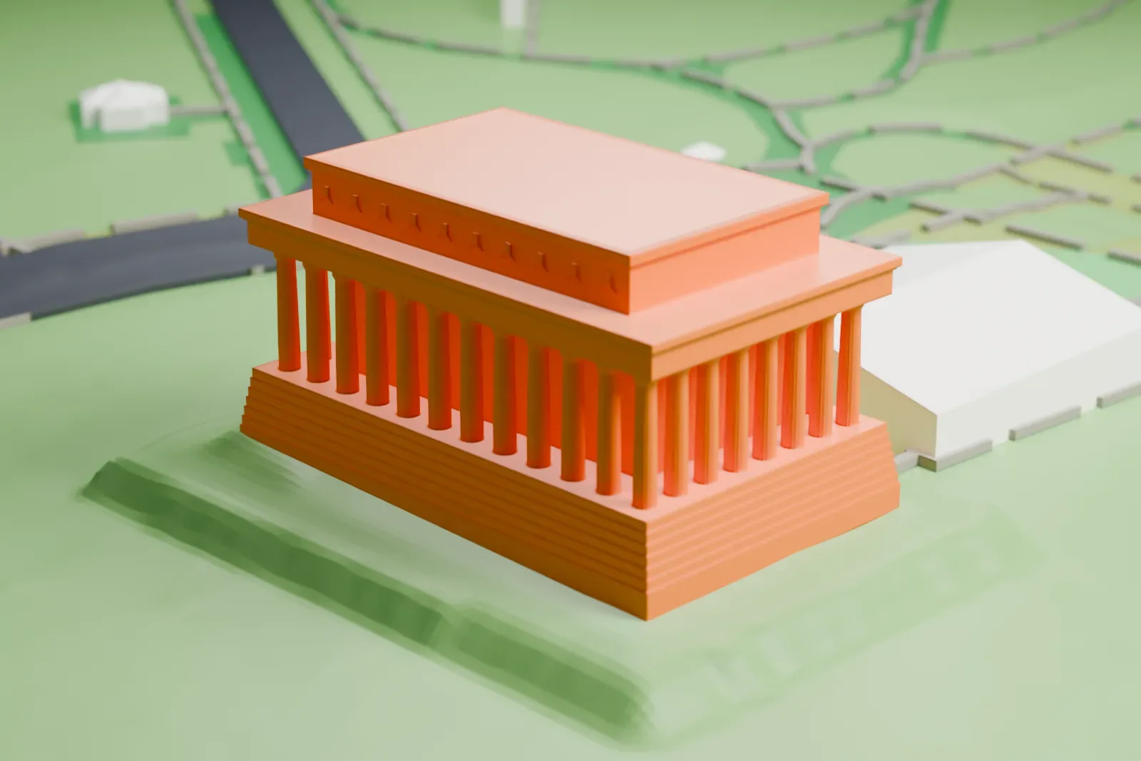 A white 3D print of the Lincoln Memorial, a flat-roofed temple with a ring of fluted columns on a stepped base, surrounded by green park, roads and paths.