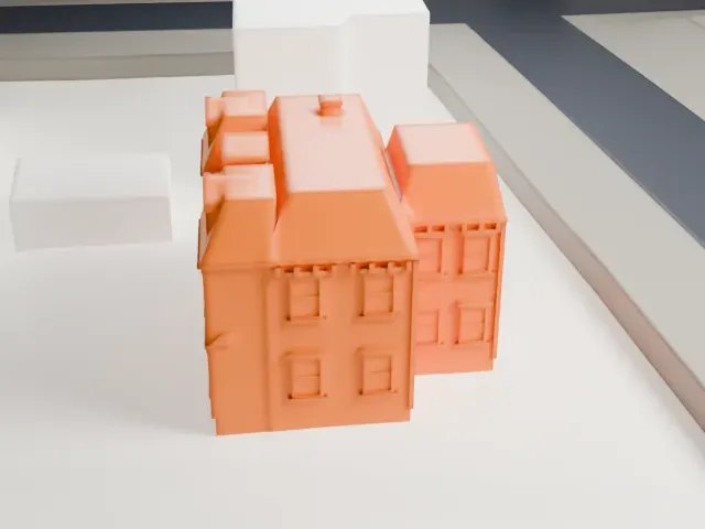 Linden Apartments model, East view