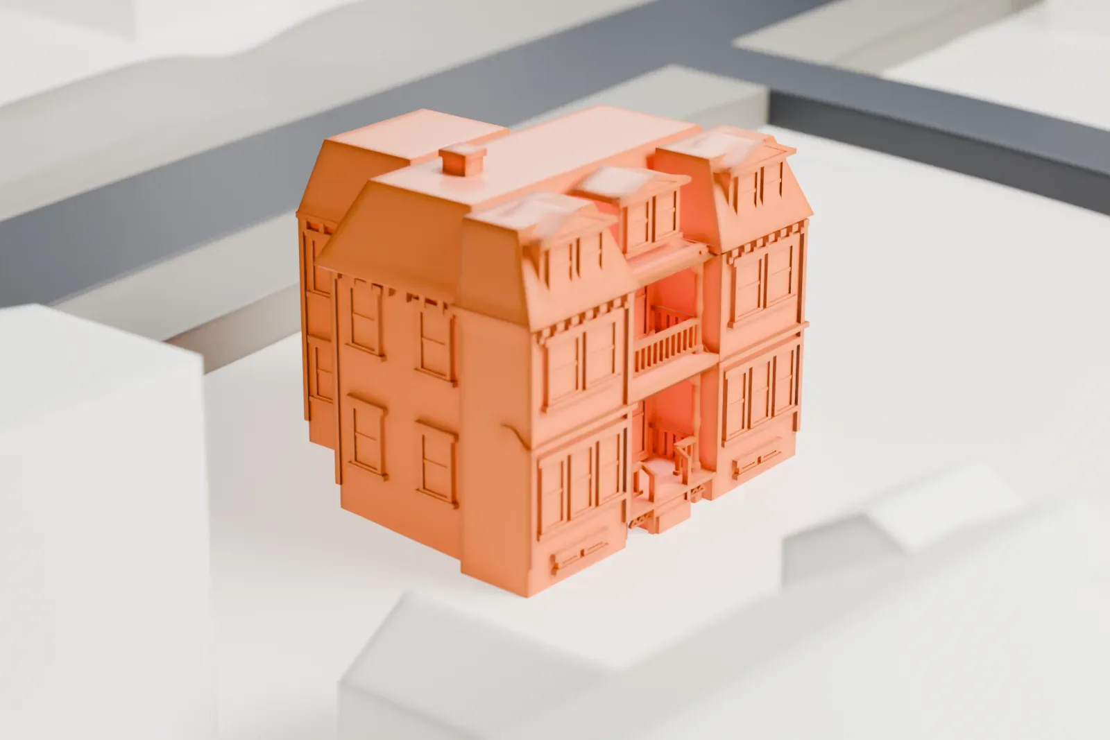 A white 3D print of the Linden Apartments, a small house with a mansard roof, three dormers and projecting window bays, standing among neighboring buildings and streets.