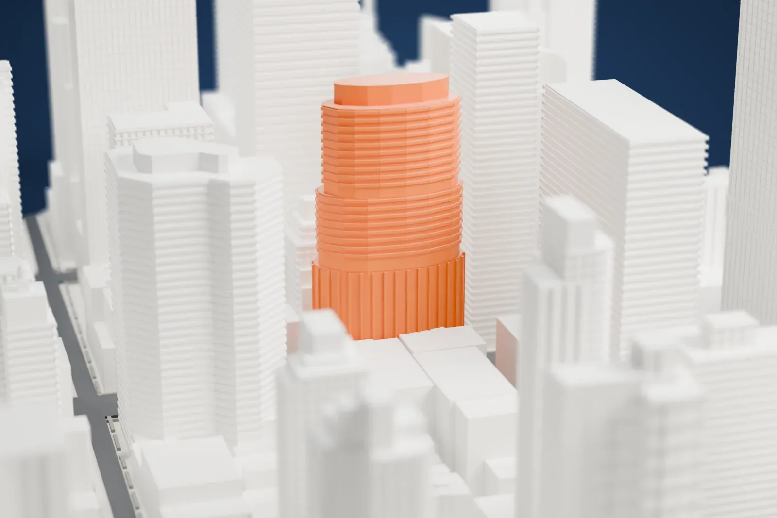 A white 3D print of the Lipstick Building, a tall oval tower with stepped setbacks and a rounded top, surrounded by dense Midtown skyscrapers.