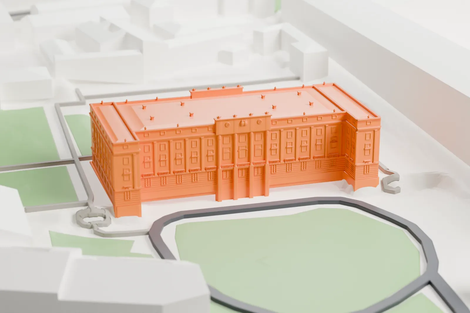 A white 3D print of the Liria Palace, a neoclassical palace in Madrid, set among the surrounding streets and buildings.