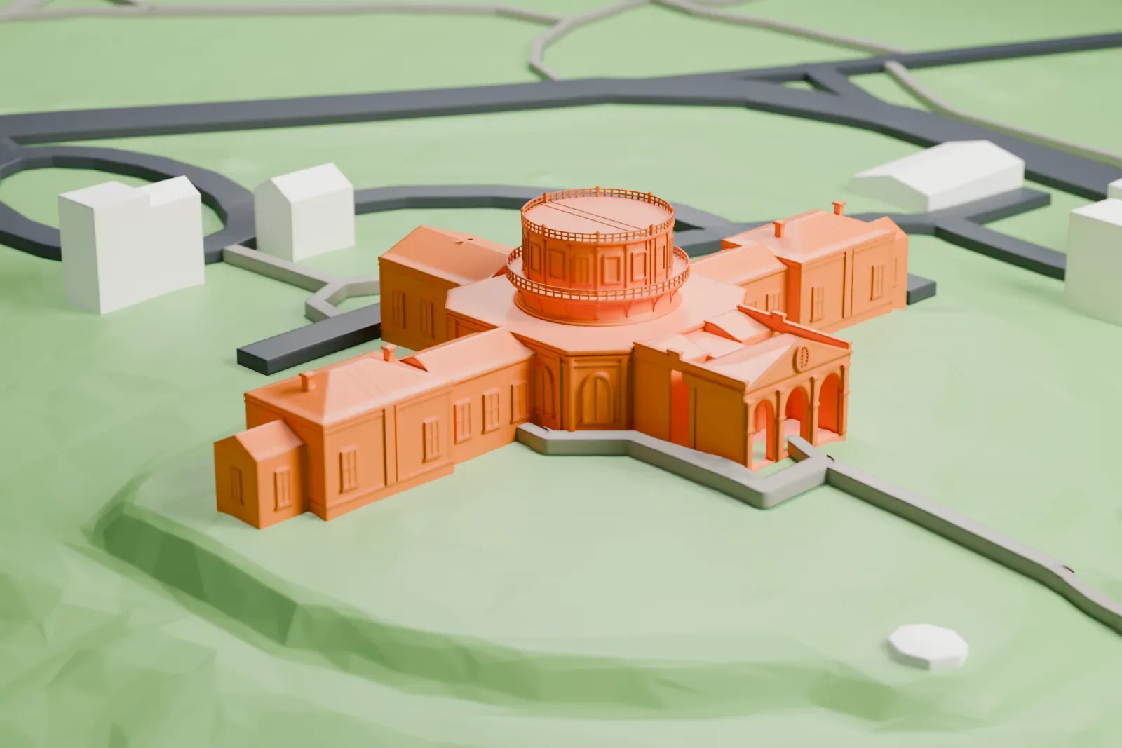 A white 3D print of the Lisbon Astronomical Observatory, a central drum with a balustrade on an octagonal base and long side wings, standing on a grassy hillside with roads around it.