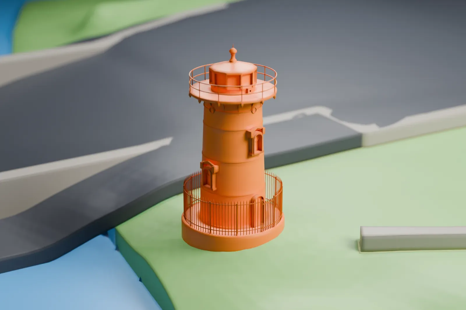 A white 3D print of the Little Red Lighthouse, a short round tower with a railed lantern and a fence around its base, on a grassy point beside the river.