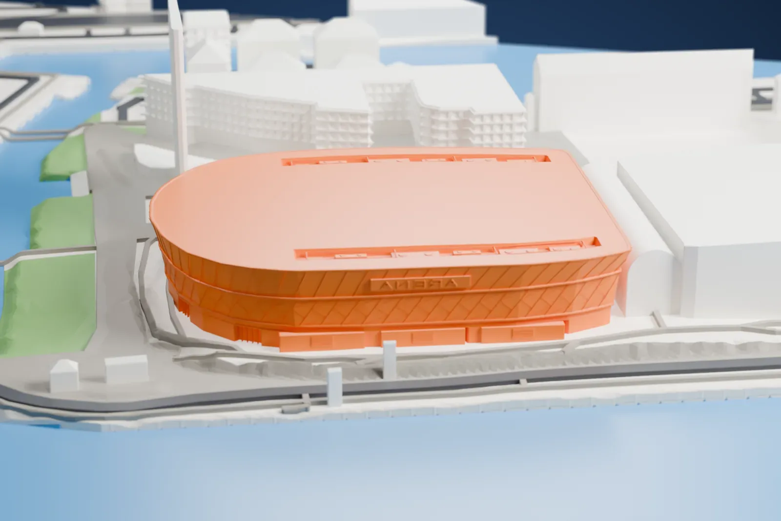A white 3D print of the Liverpool Arena, a broad D-shaped hall with a shallow curved roof, surrounded by city buildings.