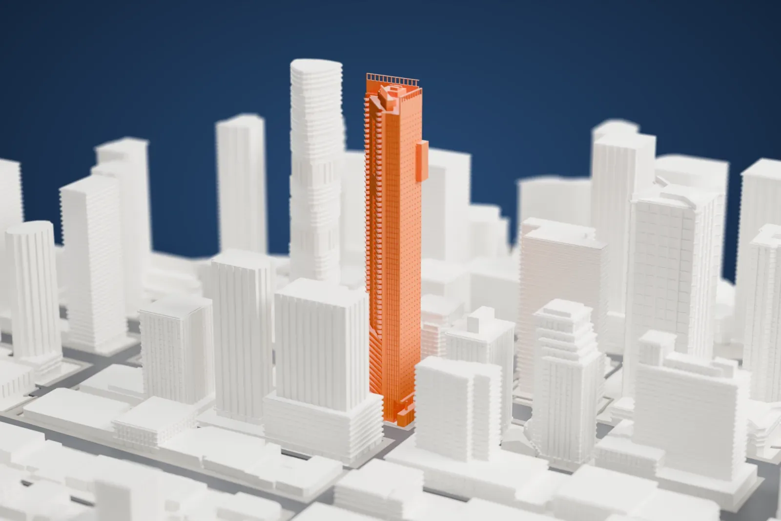A white 3D print of Living Shangri-La among the surrounding streets and buildings of downtown Vancouver.