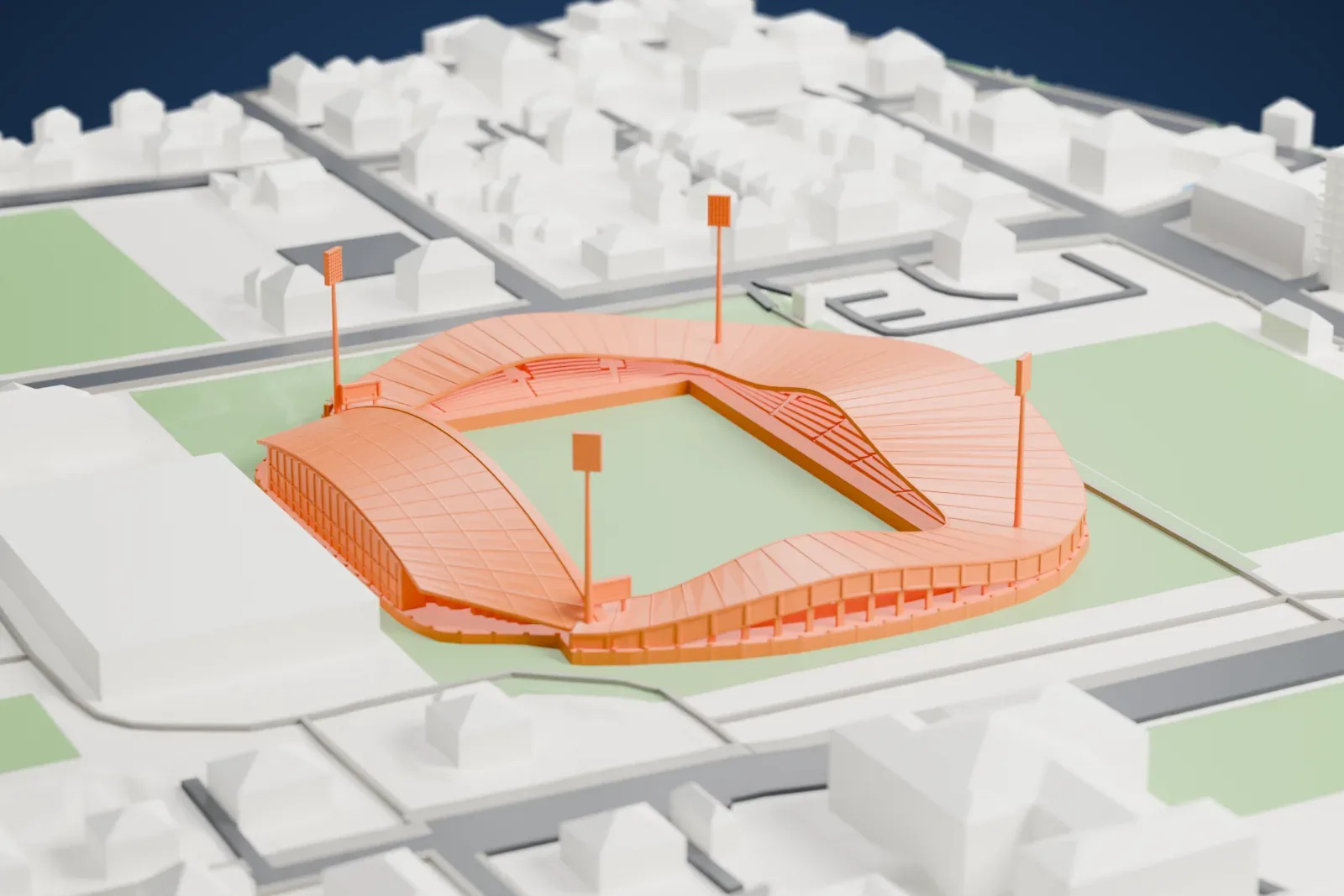 A white 3D print of Ljudski vrt, with its arched west grandstand, ring roof and four floodlight pylons, among the surrounding city.