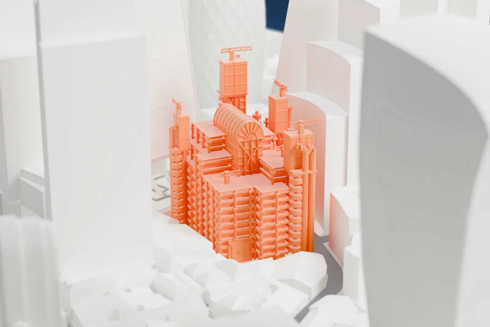 A white 3D print of the Lloyd's building among the surrounding streets and buildings of the City of London.