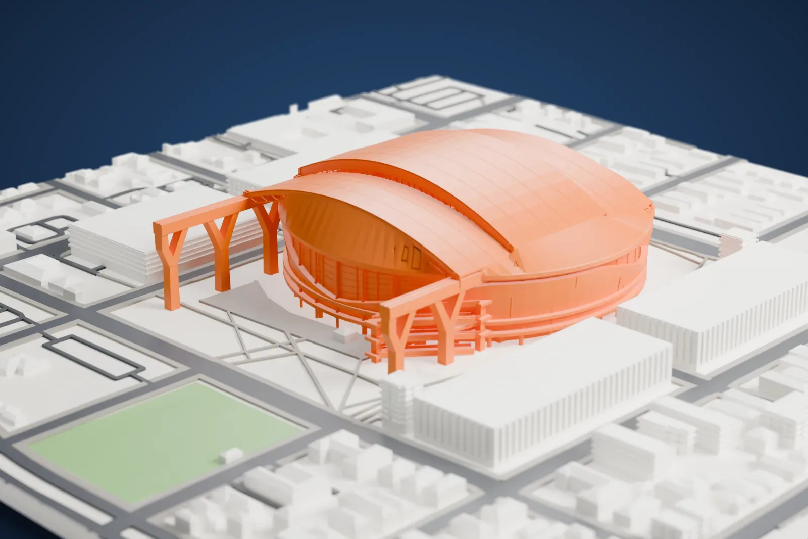 A white 3D print of LoanDepot Park with closed roof panels and long roof tracks on forked supports, set among surrounding streets and buildings.