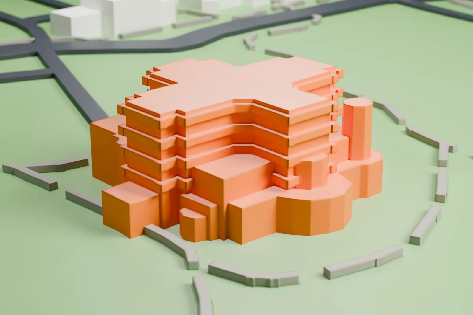 A white 3D print of the Lockwood-Mathews Mansion, a large house with turrets, gables and chimneys, set on a green park lawn with winding paths.