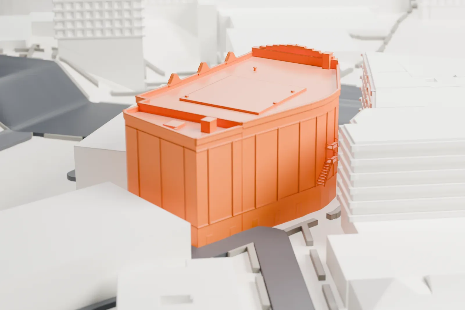 A white 3D print of Loew's Jersey Theatre, a wide auditorium block with an ornate front tower, beside wide streets and low buildings.