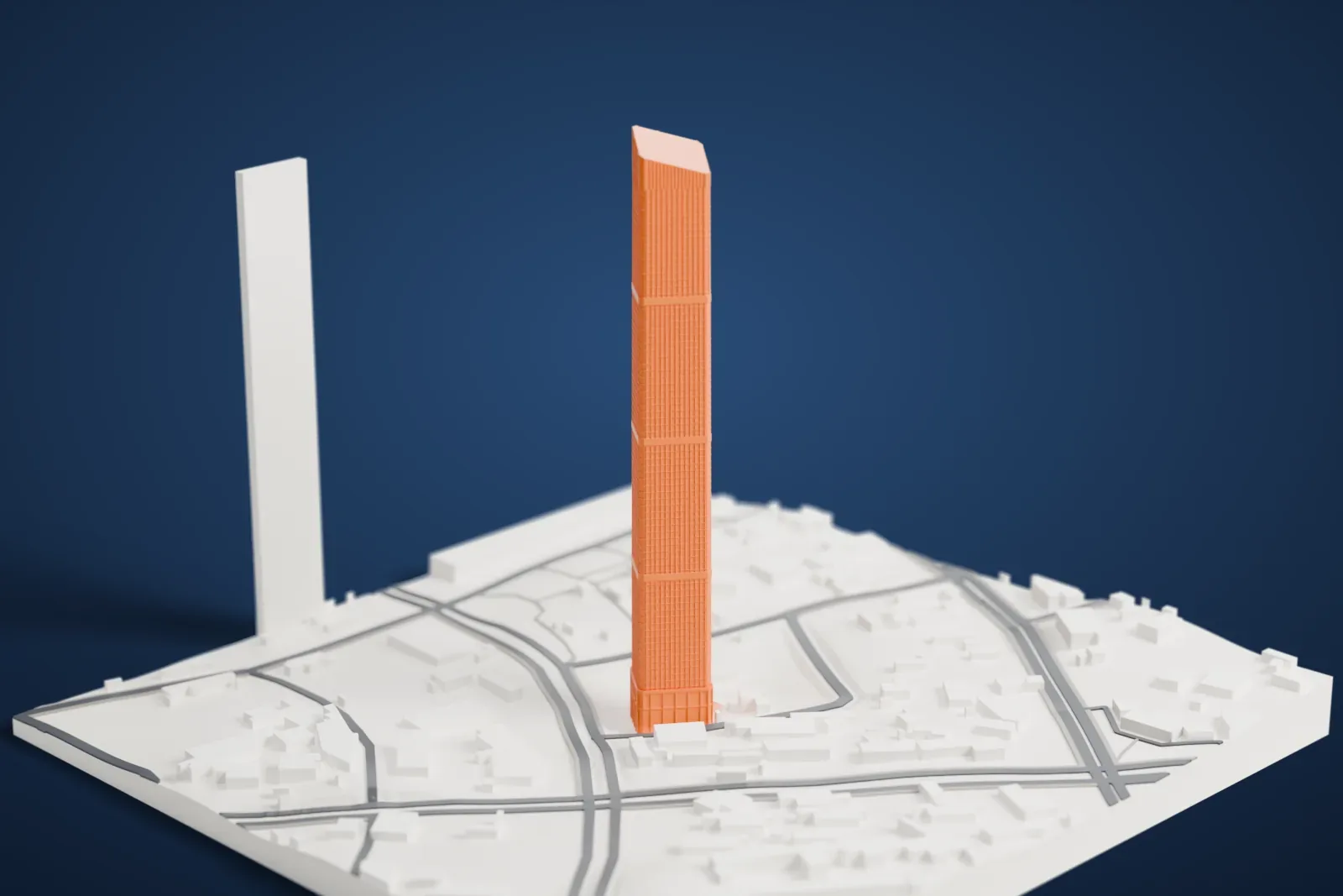 A white 3D print of Logan Century Center 1, a tall slender tower, standing among the streets and buildings of Nanning.