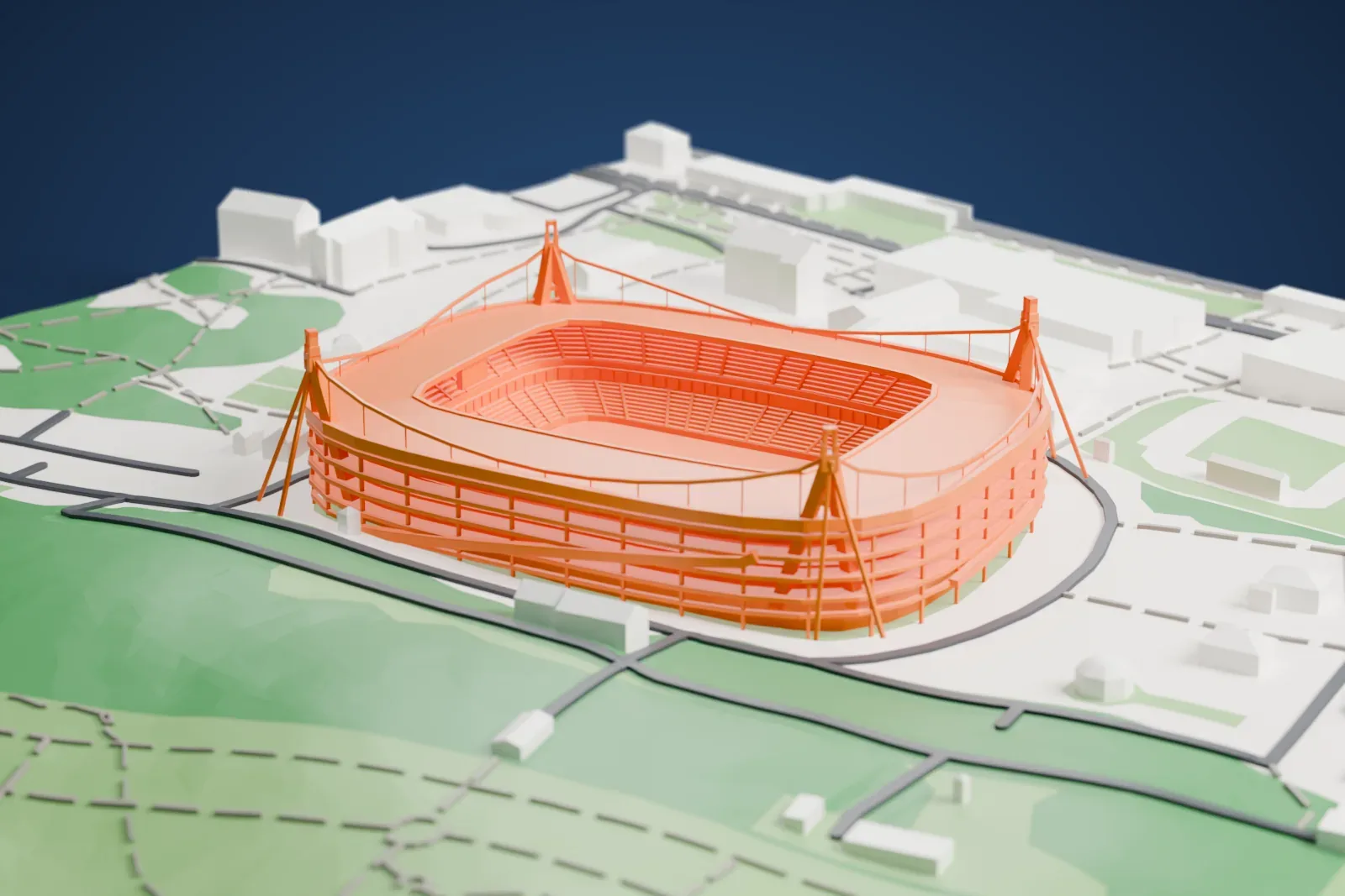 A white 3D print of Lokomotiv Stadium, a rounded-rectangle bowl under one continuous ring roof with four tall corner pylons and cables between them, set among surrounding streets and buildings.