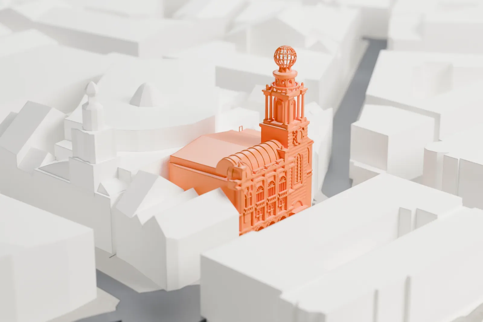 A white 3D print of the London Coliseum, a large Edwardian theater on its city site, with the surrounding streets and buildings of Westminster around it.
