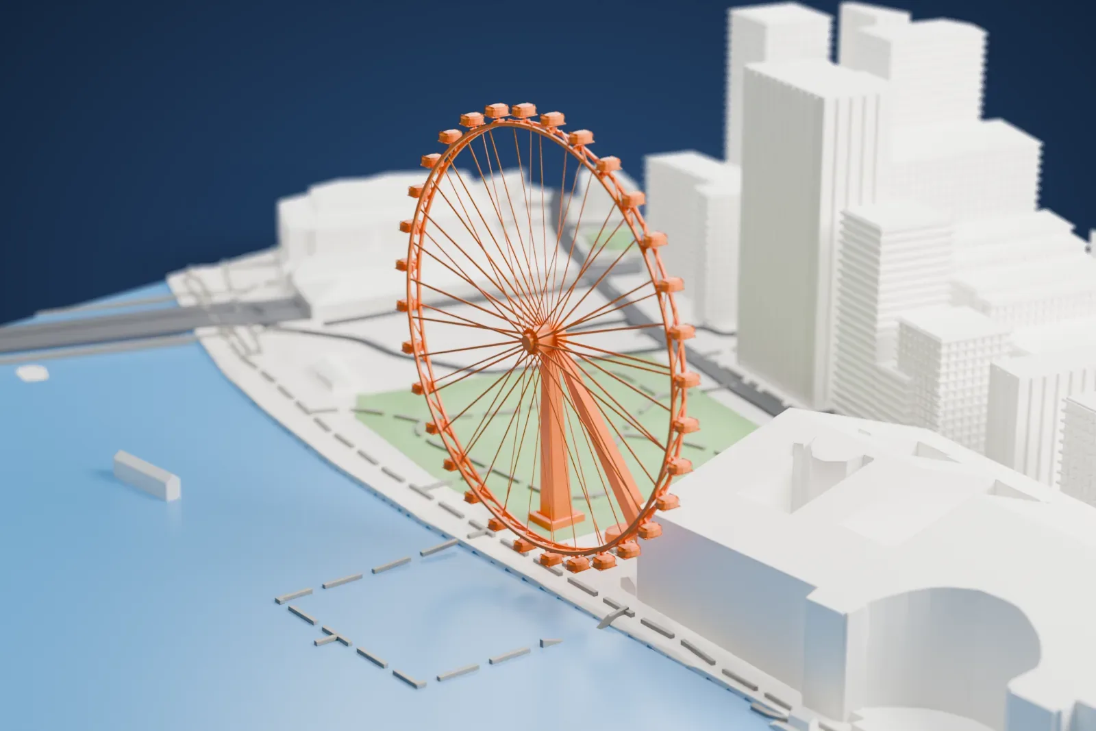 A white 3D print of the London Eye, a tall spoked wheel with capsules around its rim, standing on a riverside promenade beside wide water, with a park and large buildings behind it.