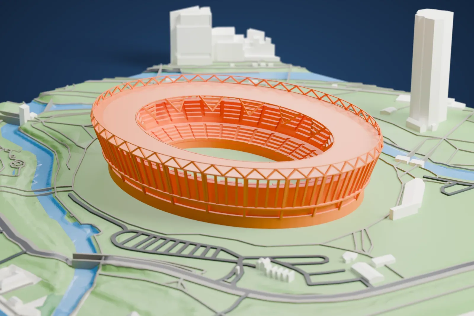 A white 3D print of London Stadium, an oval bowl under a wide roof ringed by a white truss on raking columns, in a park with rivers and paths around it.