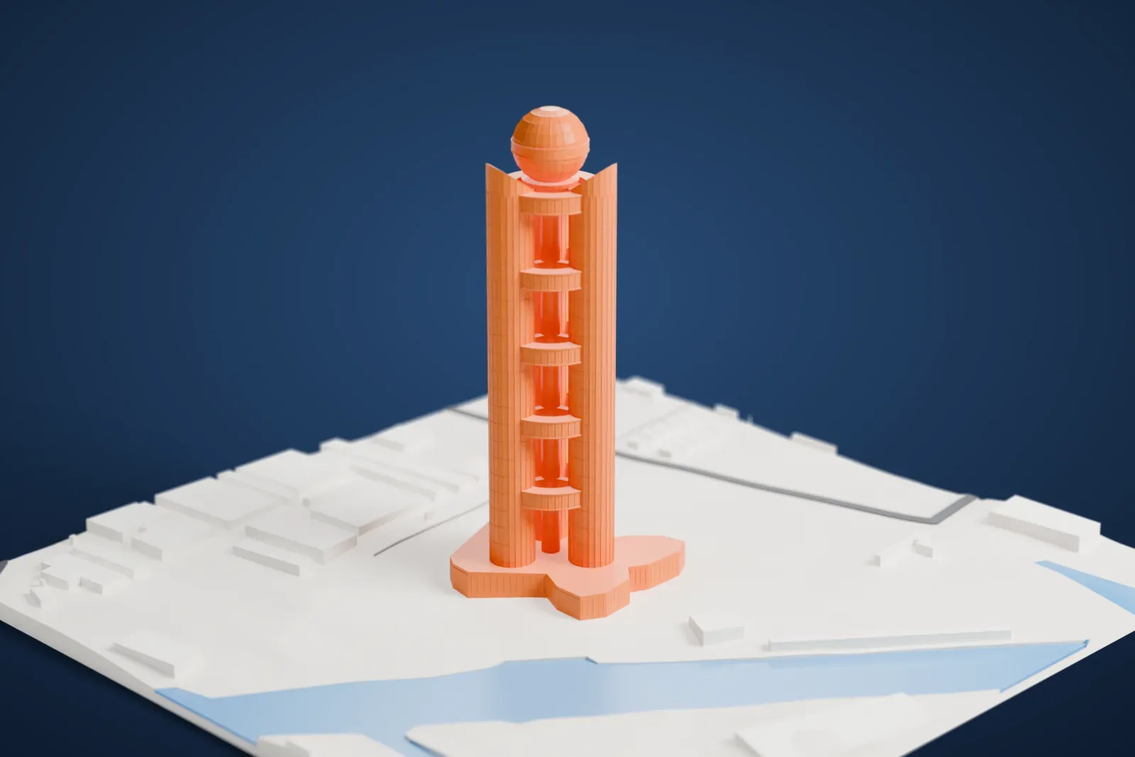 A white 3D print of the Longxi International Hotel, a very tall tower of slender shafts with ring platforms and a sphere on top, above the surrounding land and buildings.