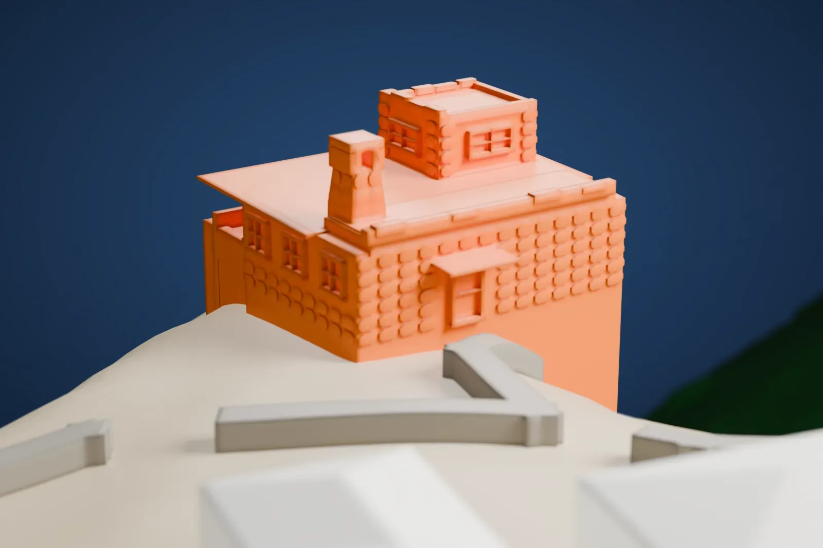 A white 3D print of Lookout Studio, a small stone building with a chimney, a flat roof and a little tower on top, perched on sloping ground.
