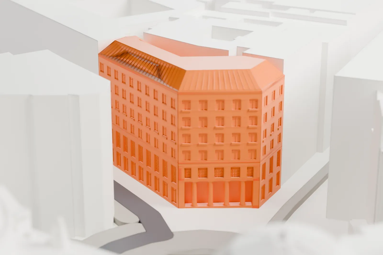 A white 3D print of the Looshaus on Michaelerplatz, surrounded by the streets and buildings of central Vienna.