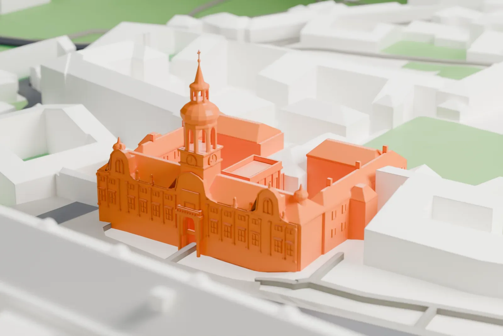 A white 3D print of Loreta, a group of connected buildings, among surrounding streets and buildings.