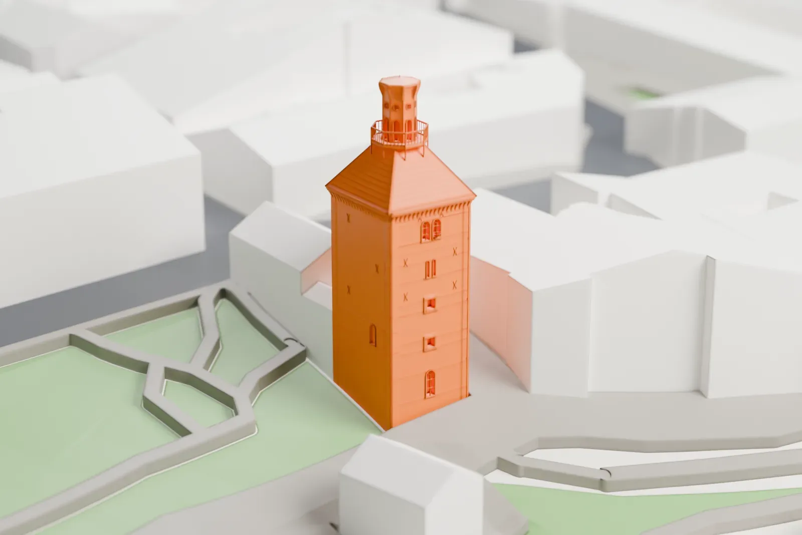 A white 3D print of the Lotrščak Tower among the surrounding streets and buildings.