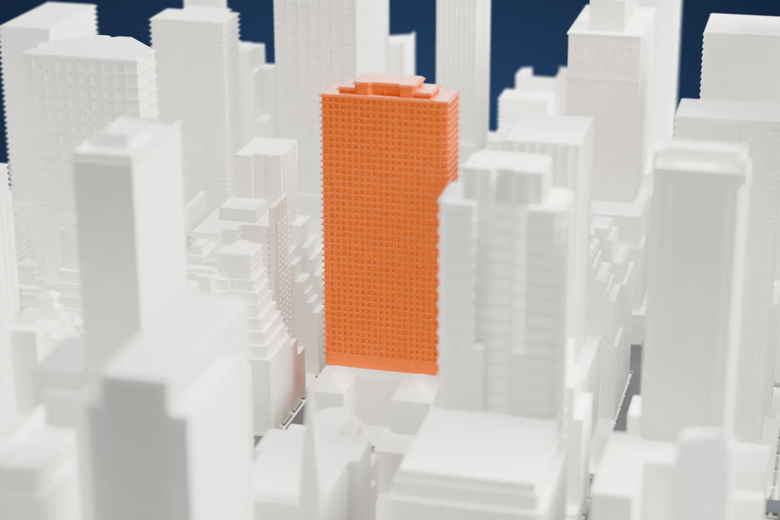 A white 3D print of the Lotte New York Palace, a tall rectangular tower with a stepped roof, surrounded by Midtown Manhattan skyscrapers.