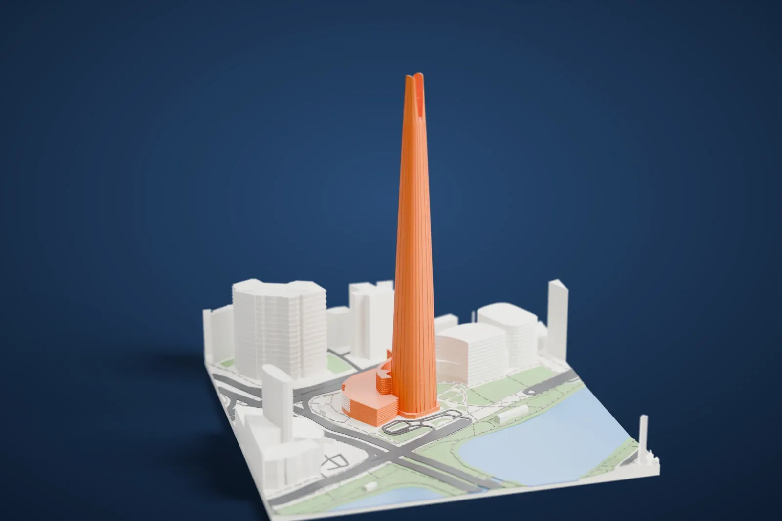 A white 3D print of Lotte World Tower, a very tall, slender tapering tower with a split top, rising above a lake, green park and neighboring buildings.