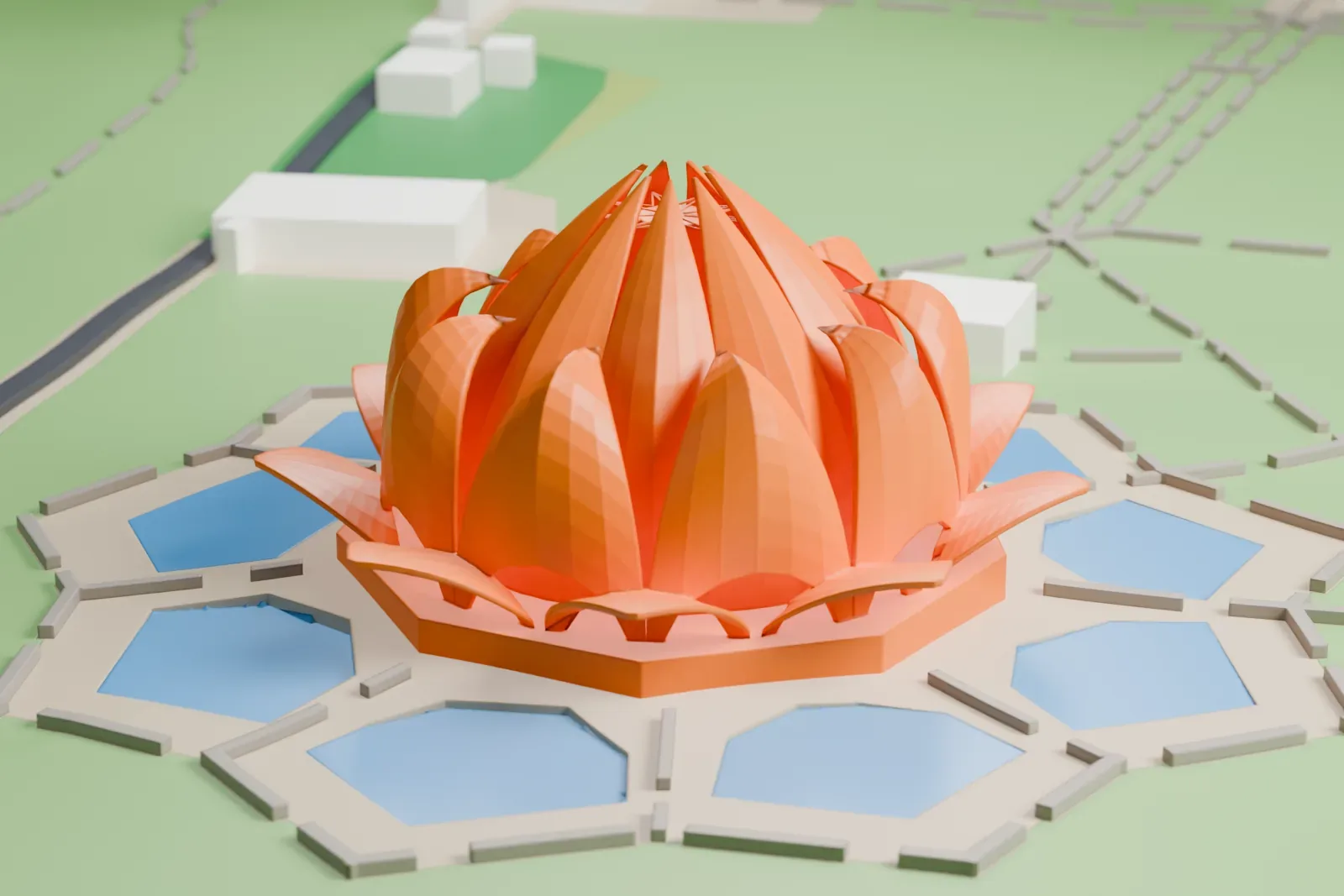 A white 3D print of the Lotus Temple, a half-open lotus of curved petals on a nine-sided base, ringed by pools and paths on open green ground.