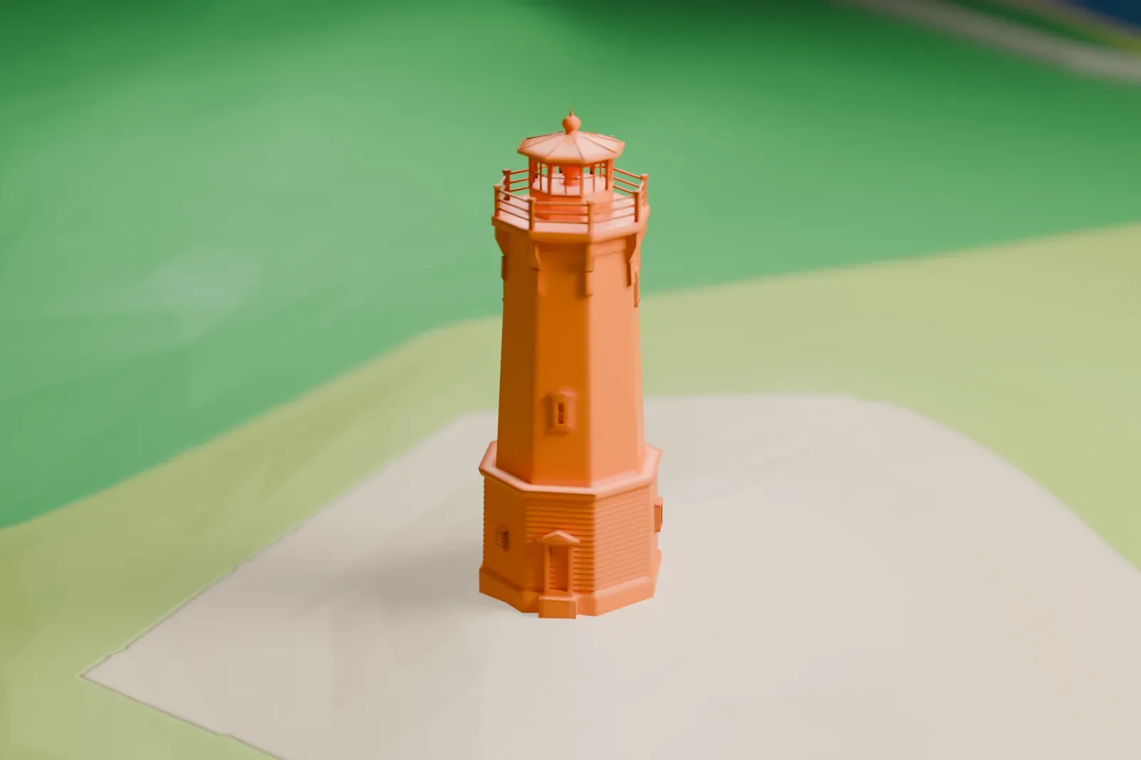 A white 3D print of the Louisbourg Lighthouse among the surrounding streets and buildings.