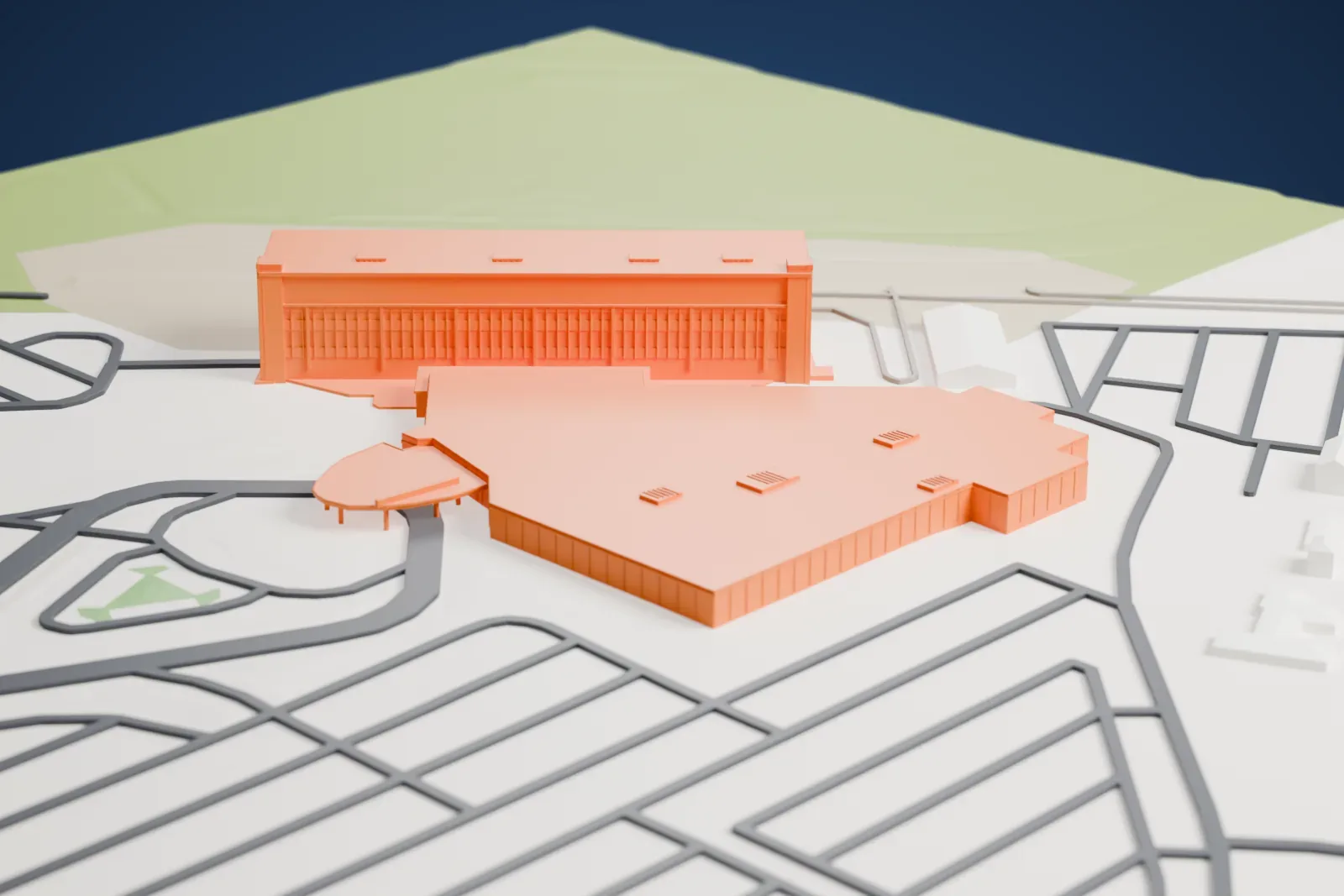 A white 3D print of the Louisiana Downs Grandstand, a long steel-framed clubhouse with a thin oversailing roof, a glazed end and tiered seating, among surrounding streets and buildings.