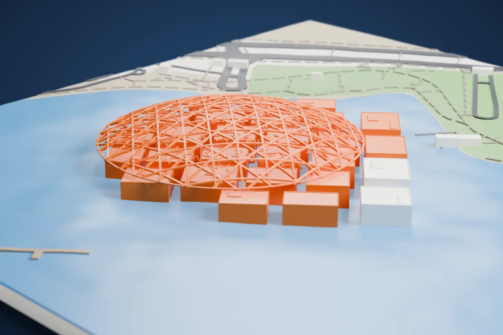 A white 3D print of the Louvre Abu Dhabi, a wide open-lattice dome over a cluster of boxy galleries, standing in water beside a green shoreline with paths and roads.
