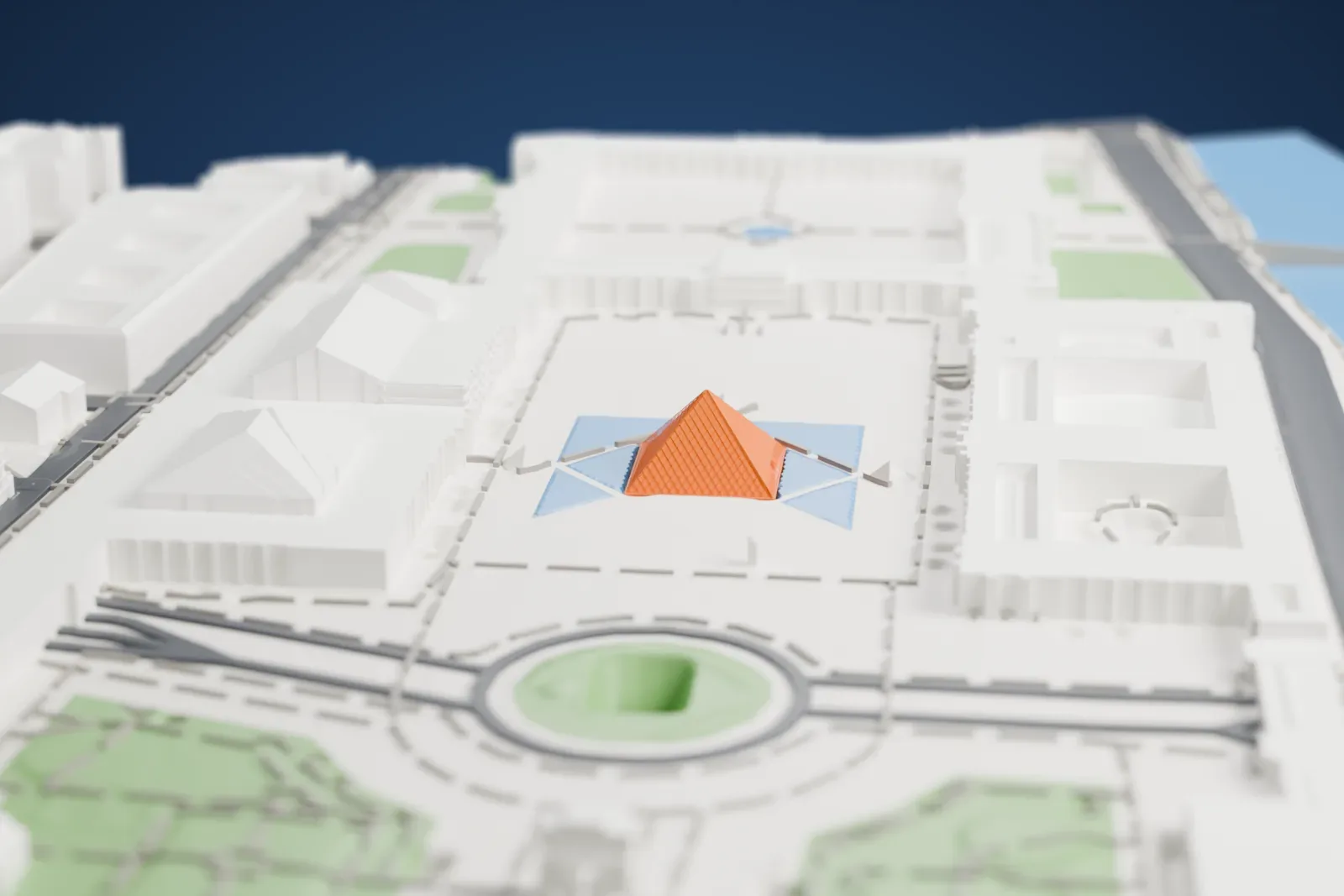 A white 3D print of the Louvre Pyramid, a four-sided pyramid of diamond-patterned glass, standing in a courtyard with triangular pools around it and smaller pyramids nearby.