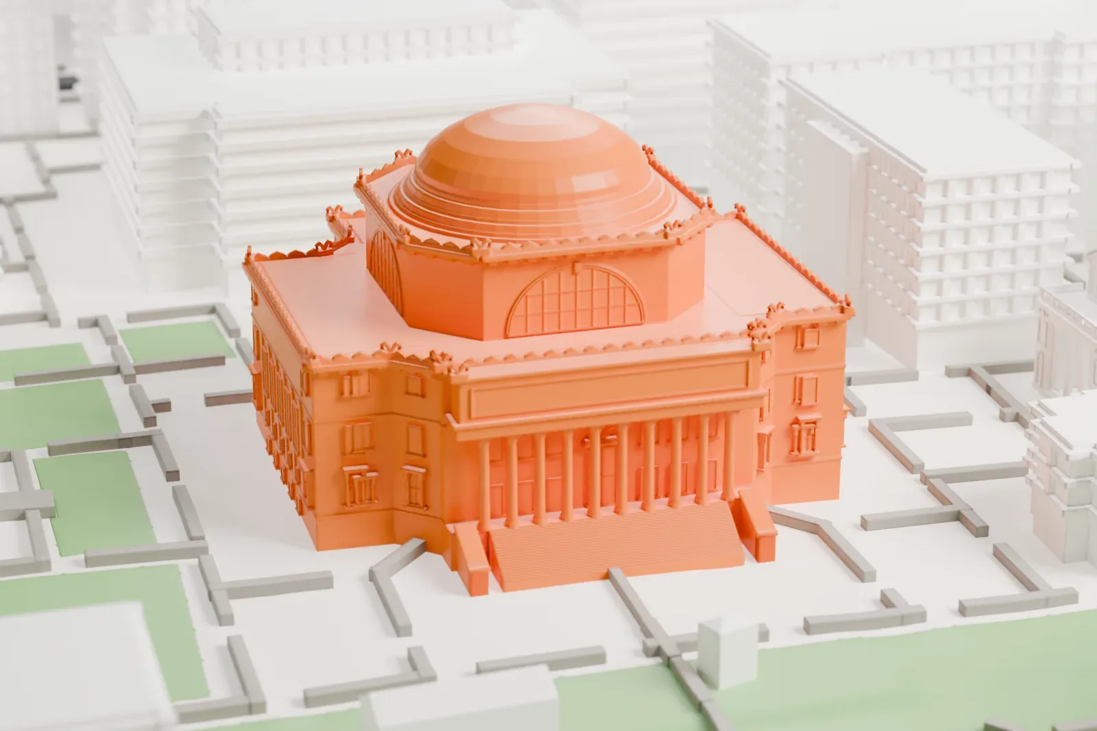 A white 3D print of Low Memorial Library, a domed building with a columned front and wide steps, among campus lawns and larger buildings.