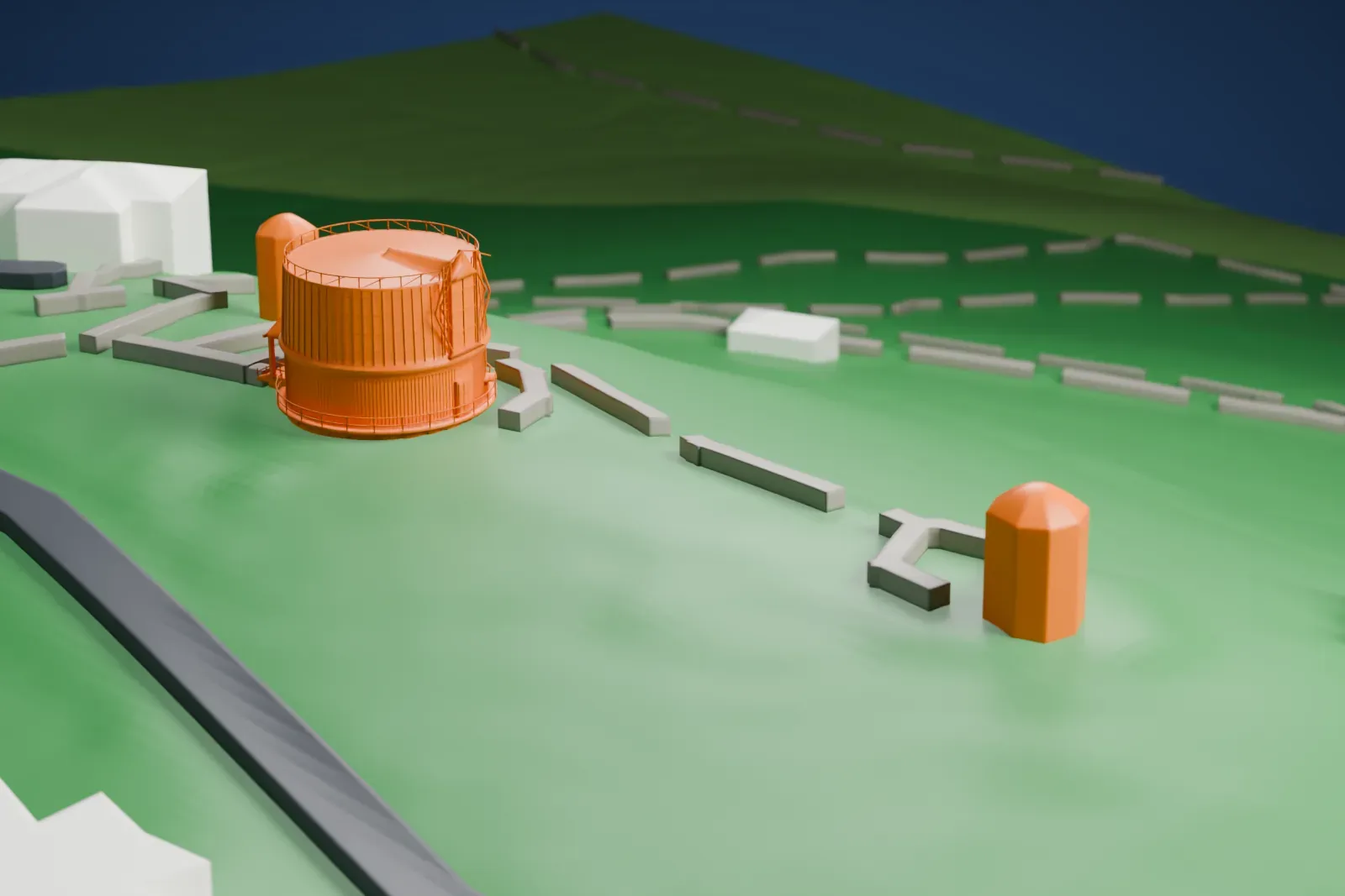 A white 3D print of Lowell Observatory, a round observatory building with a flat top ringed by railings and a small gabled porch, on green ground with paths and small buildings nearby.